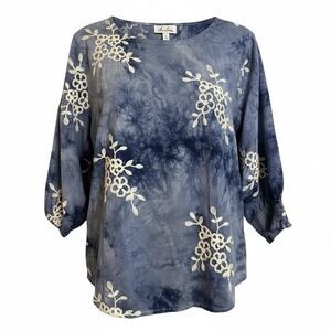 Annaliese Tie Dye Embroidered Top XL Blue White 3/4‎ Sleeve Boho
